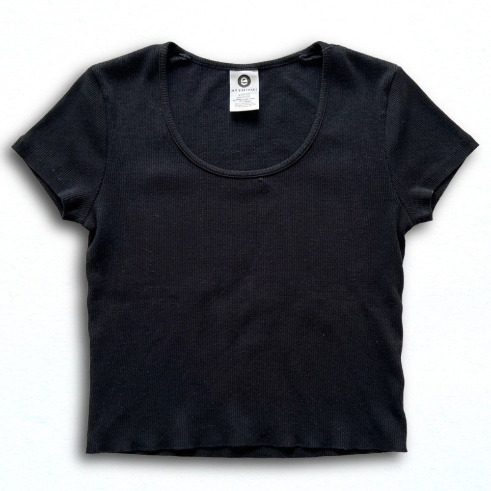 Ellemenno Womens Ribbed Short Sleeve Scoop Neck Cotton Top Black XL